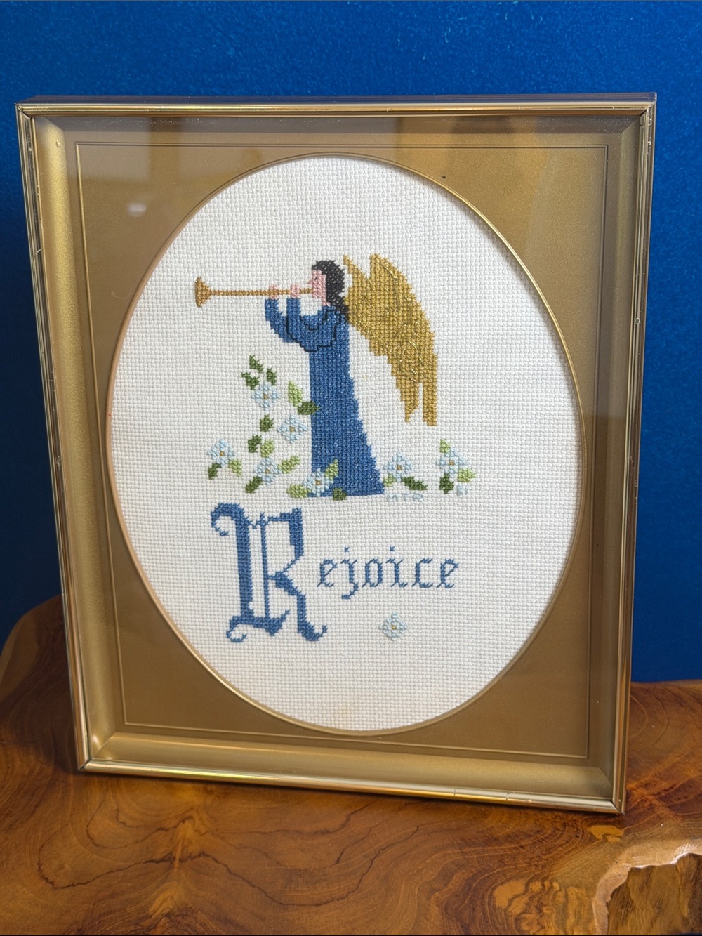 Vintage Framed Cross-Stitch Angel “Rejoice” Needlepoint Wall Decor Size 11” x 9”